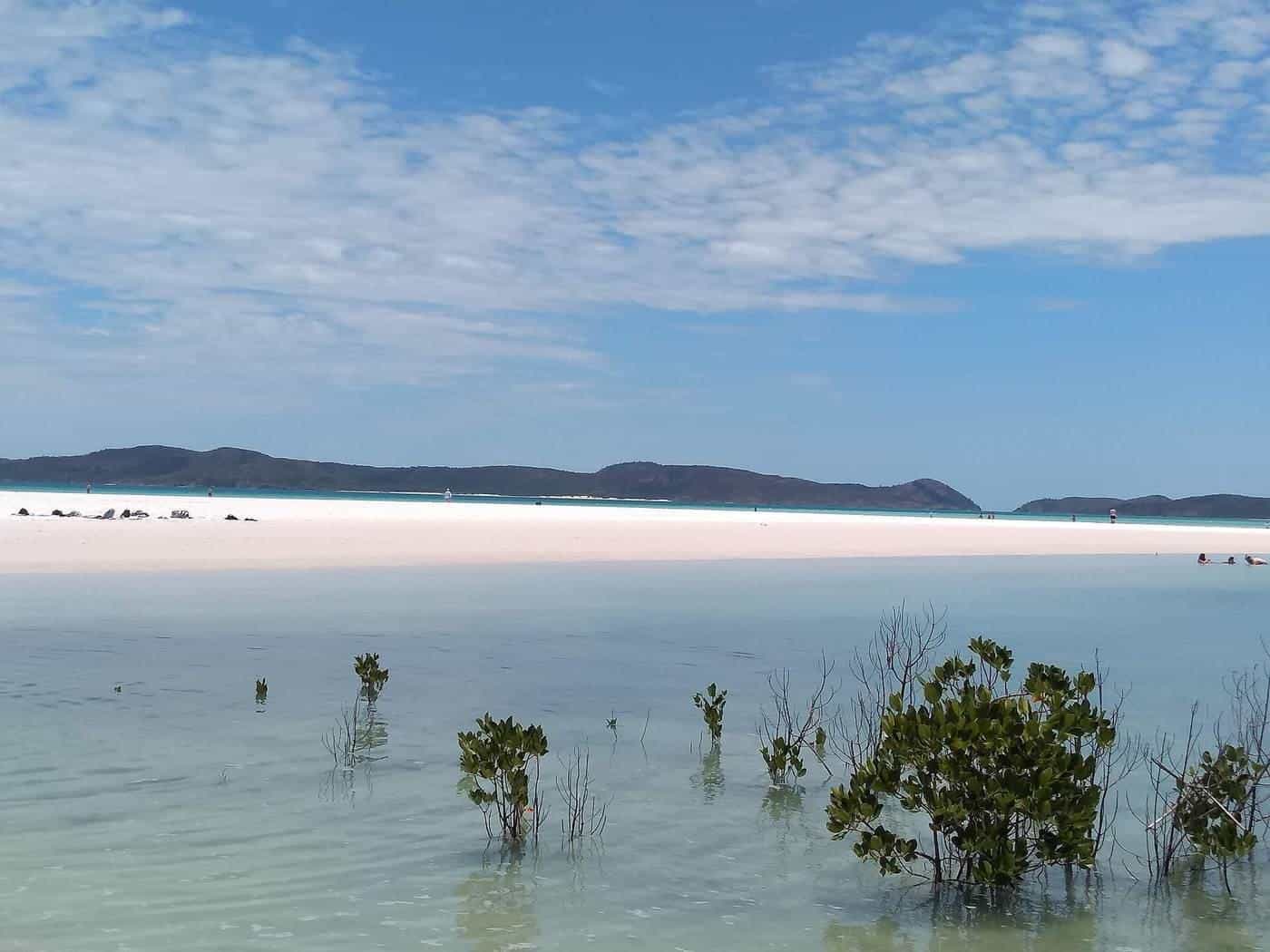 Turquoise water and white sand at Whitehaven Beach seen from above