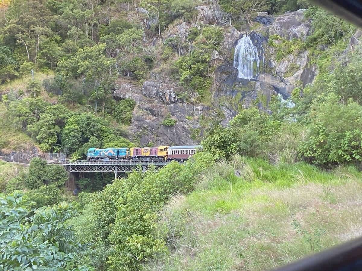 A historic scenic railway train curving through tropical rainforest
