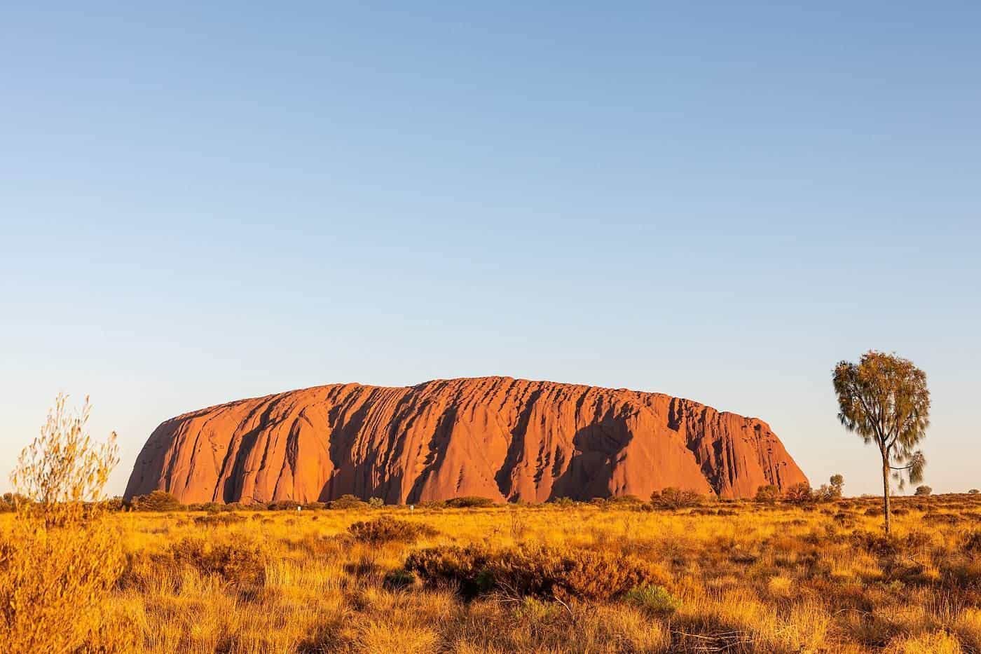 Uluṟu glowing red under a clear sky